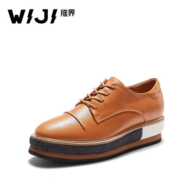 WIJI维界2018秋季新款欧美休闲皮鞋羊皮系带厚底时尚韩版潮流女鞋_1 棕色 37