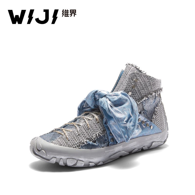 WIJI秋季新款女鞋潮流时尚休闲鞋复古牛仔布铆钉拼接街头嘻哈低帮_1 蓝灰 38