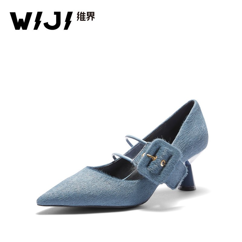 WIJI2018秋季新款细跟一字搭扣柔顺马毛宴会高跟鞋欧美时尚潮女鞋_1 浅蓝色 35