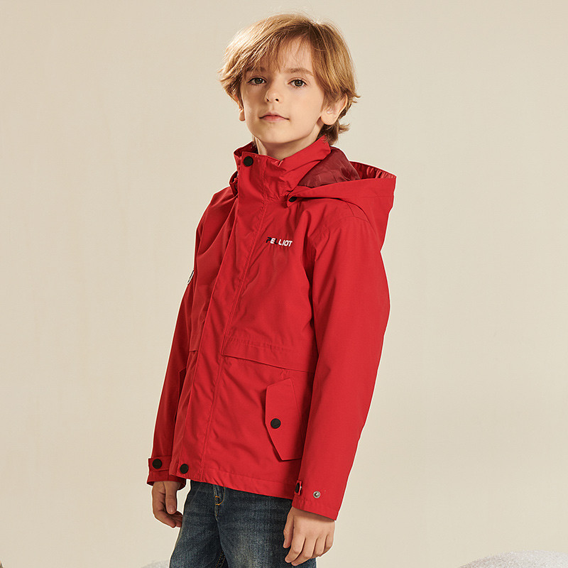 伯希和户外儿童冲锋衣三合一男童女童加绒加厚保暖两件套抓绒外套 130CM 熔岩红