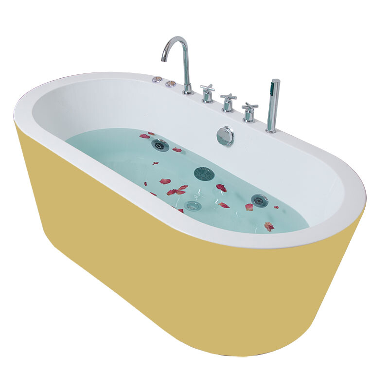 浴缸家用情侣日式浴缸浴盆卫生间小户型按摩五件套澡盆独立式冲浪家用 宽边冲浪-黄色- 1.4m