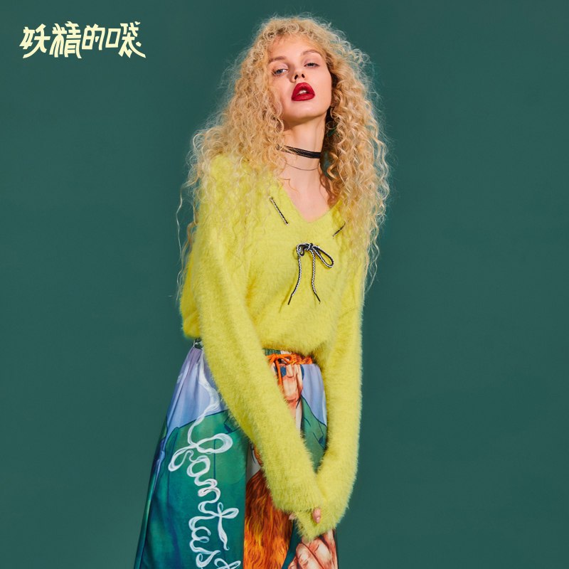 妖精的口袋Y早秋套头毛衣女冬装2018新款chic短款通勤长袖针织衫 L 水果黄色