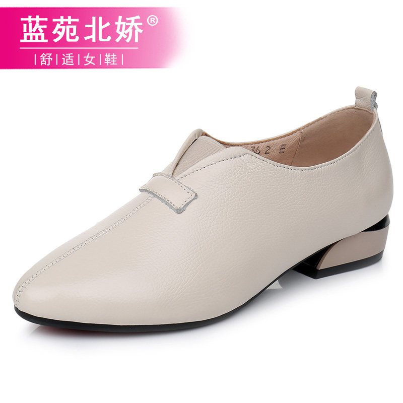 秋季鞋子2018新款时尚女士皮鞋百搭粗跟韩版中跟单鞋真皮春秋女鞋 米色 43