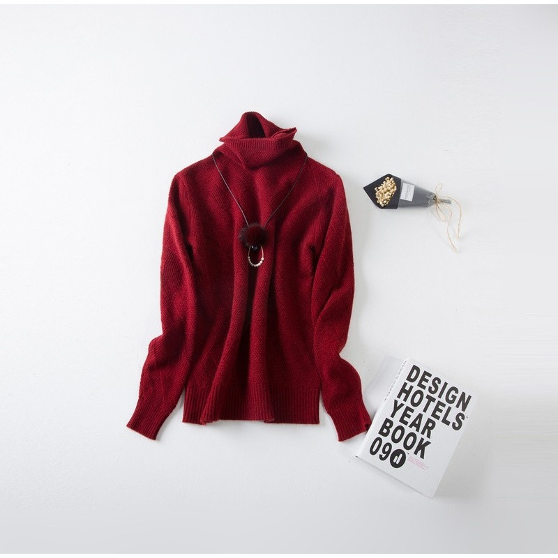 18秋冬季新款羊毛衫女堆堆领套头修身斜纹毛衣针织保暖打底衫 XL 酒红