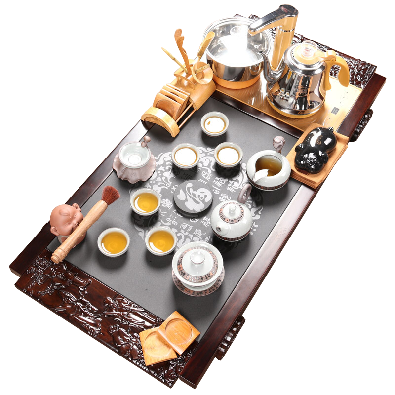 尚帝 黑檀茶盘乌金石功夫茶具套装四合一家用整套大号石头茶台 八仙过海龙珠11入智能旋转电热炉套装
