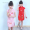儿童旗袍夏季女童唐装中国民族风绣花短袖小孩女孩公主童装礼服 130 荷花粉色
