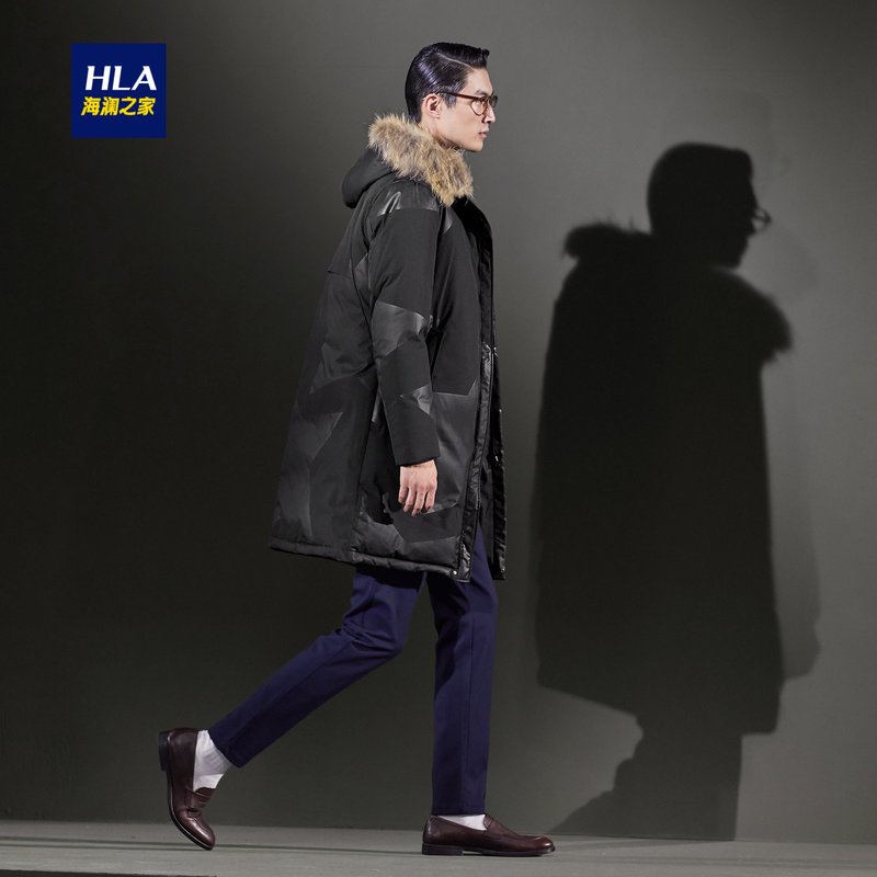 HLA海澜之家连帽毛领长款羽绒服保暖舒适羽绒外套男HWRAJ4E027A 黑色花纹42 180/96A/XL