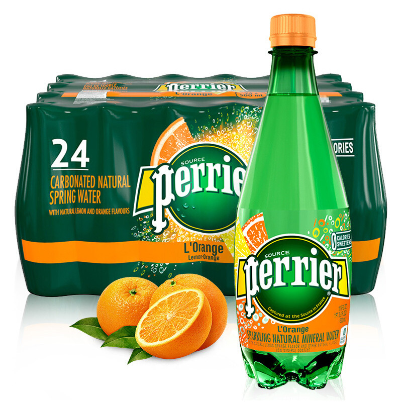 法国Perrier巴黎水橘子味气泡矿泉水塑料瓶装 500mlx24瓶/箱