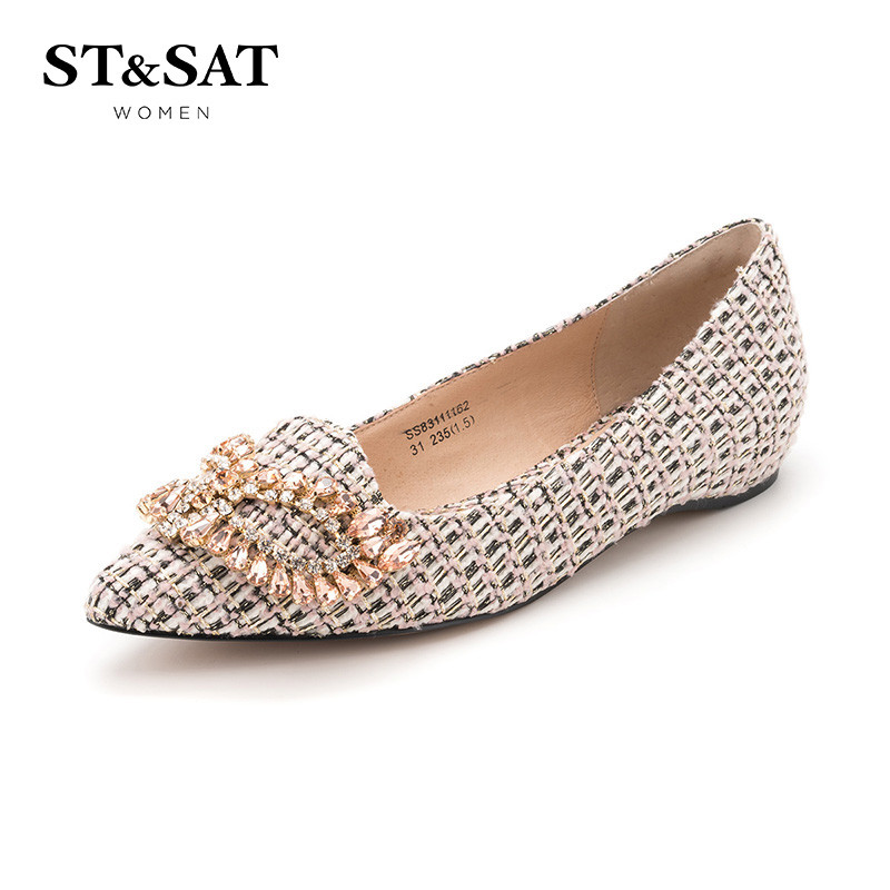 星期六(ST&SAT)18年新品专柜同款面具水钻饰扣尖头低跟粗跟时尚单鞋女SS83111162 粉色 36码