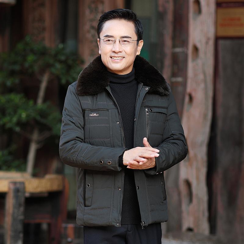 幸福时光happy time中老年棉衣男父亲装加绒加厚外套毛领老年人男装冬季爸爸装棉衣外套男装【GPF】 军绿色 185/2XL
