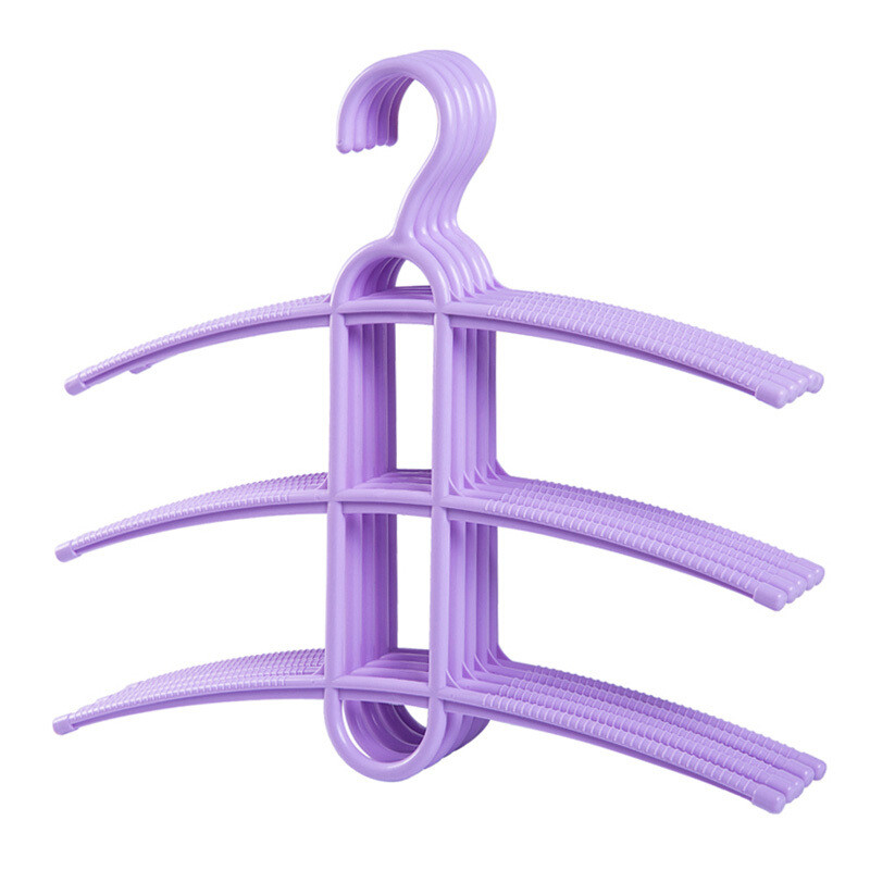 晒衣架5只装鱼骨型居家衣橱3层防滑塑料衣服挂衣晾晒衣服挂架粉色5个_6 紫色