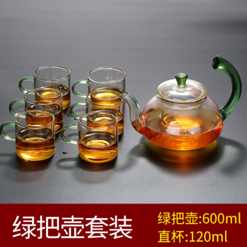 玻璃茶杯小号杯子带把6只装功夫茶具家用套装迷你加厚主人杯生活日用家庭清洁生活日用家居器皿水_4 绿把壶套装