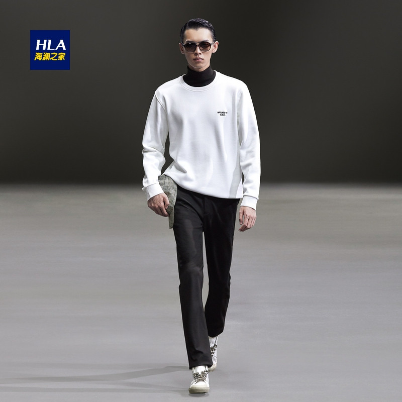HLA海澜之家经典圆领加绒卫衣2018冬季保暖色提花卫衣男 180/96A/XL 米白A5