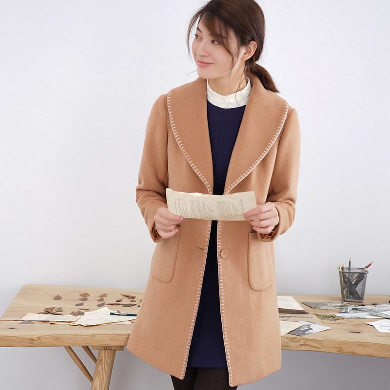 茵曼2018女冬款绣线大翻领毛呢外套女中长款呢子大衣1864321530 XL 深驼色