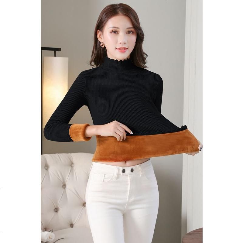 实拍加绒加厚毛衣女花边半高领2018秋冬季新款韩版宽松套头打底衫 XL(加绒加厚） 黑色