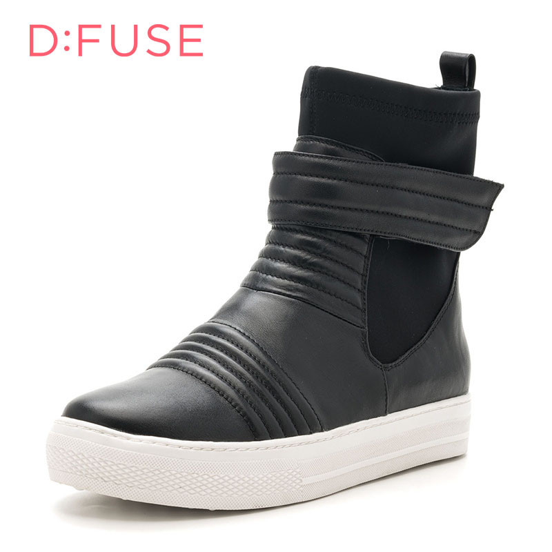 迪芙斯(D:fuse)冬季牛皮革/布圆头平底休闲短靴女DF64117317 黑色 37码