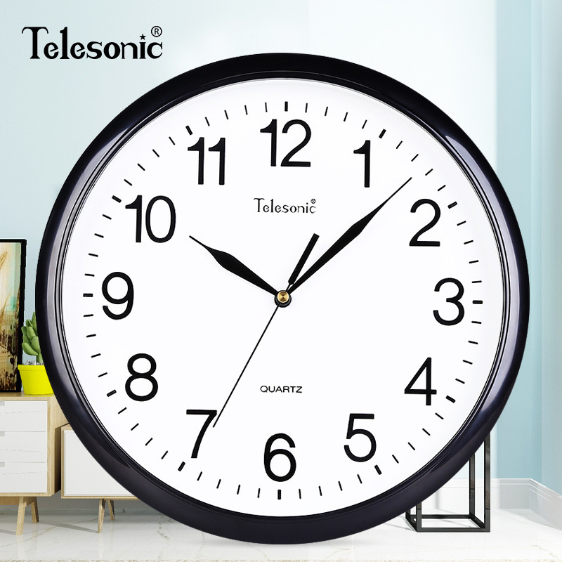 TELESONIC/天王星静音圆形挂钟 简约时尚客厅卧室钟表 书房会议室现代创意石英钟 静音扫秒机芯 12英寸黑色
