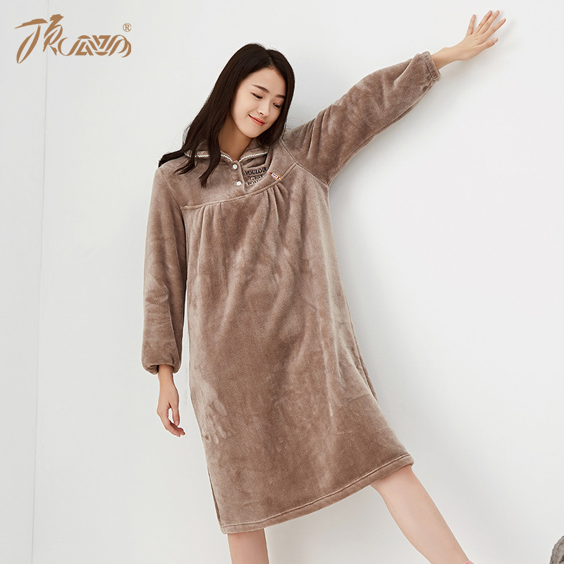 顶瓜瓜珊瑚绒睡衣女冬季长袖套头纯色宽松睡裙秋冬保暖家居服单裙 160 咖啡色