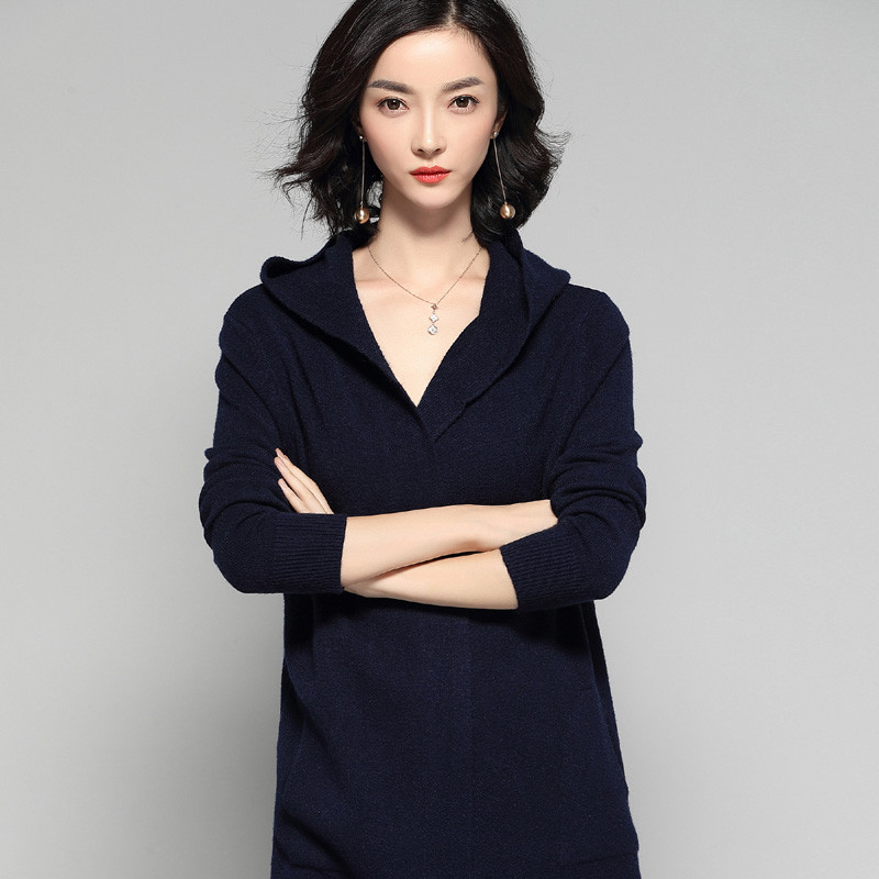 秋冬新款韩版长款针织开衫连帽外搭长袖披肩女羊毛衫 藏蓝色 M