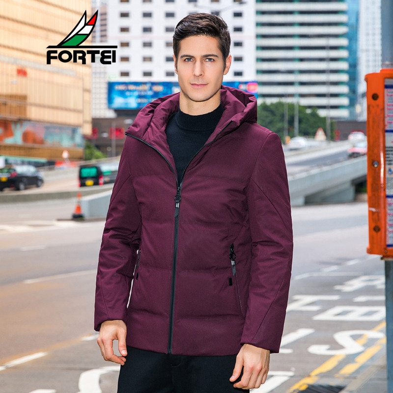 FORTEI富铤 羽绒服男装短款连帽中青年2018冬装新款潮流帅气男士厚外套男 枣红色 XXXL