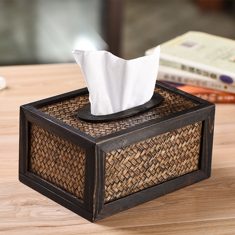 创意竹编纸巾盒木质复古纸巾盒客厅家用高档车用藤编抽纸盒泰国高清