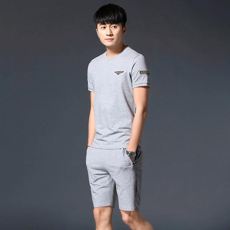 夏季运动套装男2018新款韩版潮流男士休闲套装短袖运动服男两件套_1_8 3XL（身高173-182体重146-165斤） 5255灰色【短袖+短裤】