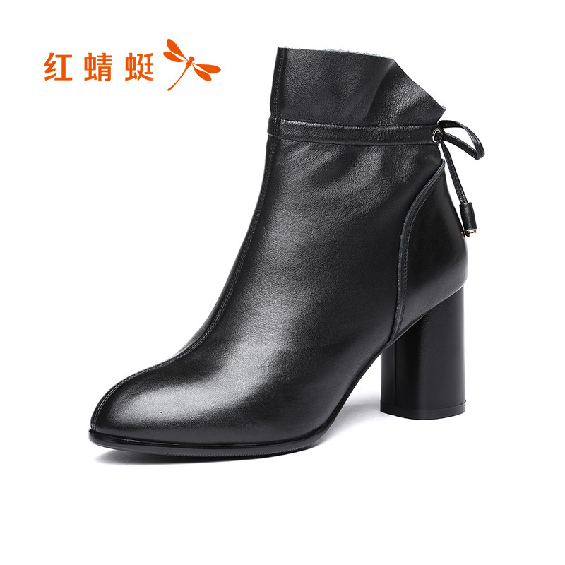 红蜻蜓女鞋2018秋冬新款真皮潮流英伦风短靴女粗跟蝴蝶结女靴单靴 黑色 37码