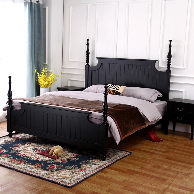 美式实木床简约现代双人床1.5米欧式轻奢公主床主卧家具婚床1.8米 1500mm*2000mm_黑色C款加床头柜*2_框架结构