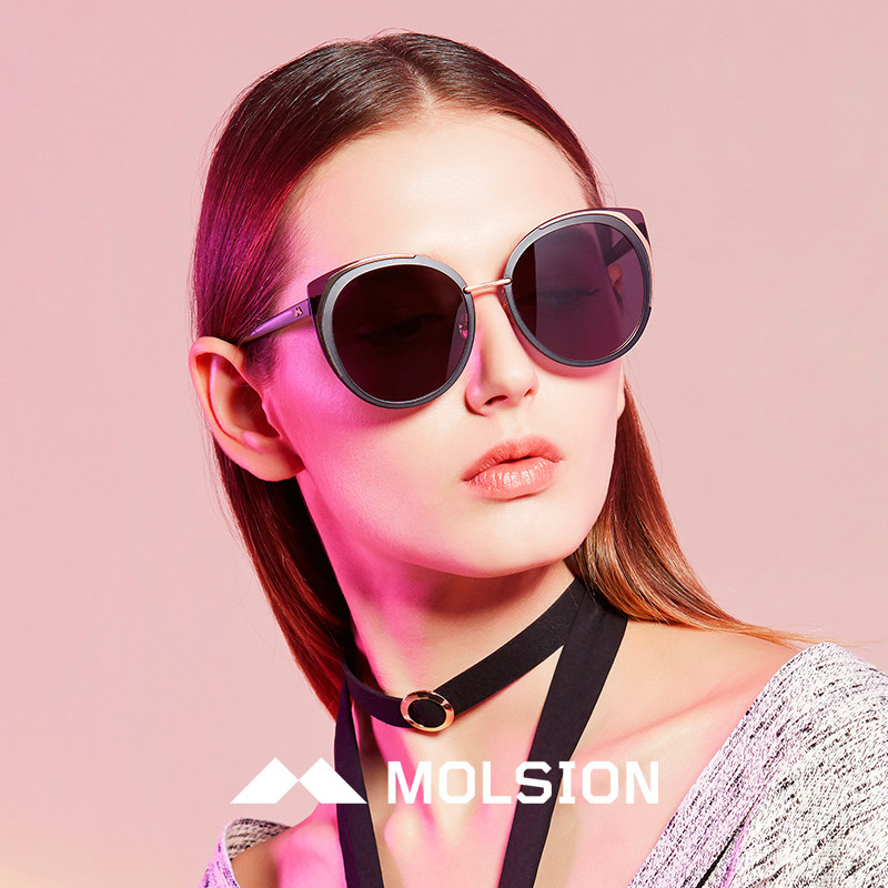 MOLSION陌森2018年新款太阳镜女款俏皮猫眼前框时尚潮墨镜MS7015 镜框：金色镜片：紫灰色全色太阳镜片A10