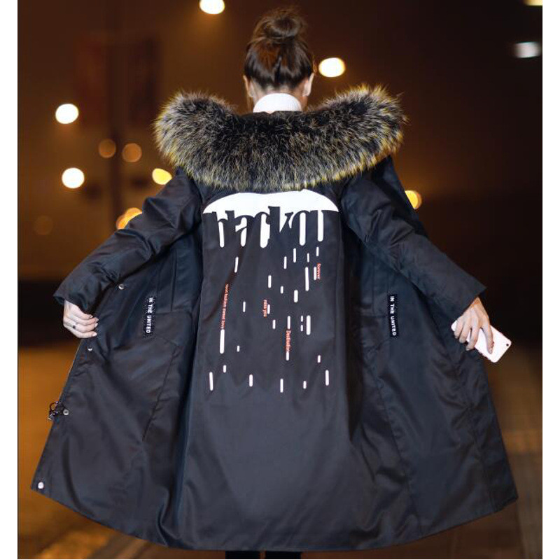 子沫雨2020冬季新款女装韩国东大门派克工装大狐狸毛领羽绒服女中长款宽松收腰外套潮 卡其色 M