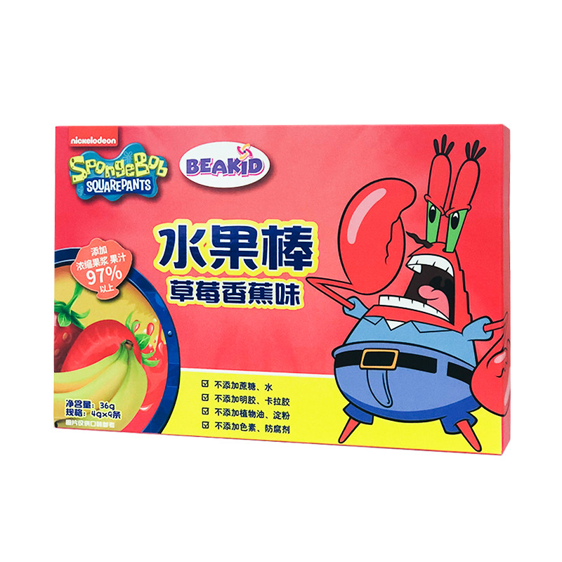 beakid 美国海绵宝宝固体果泥水果棒草莓香蕉味40g-盒装 零食点心