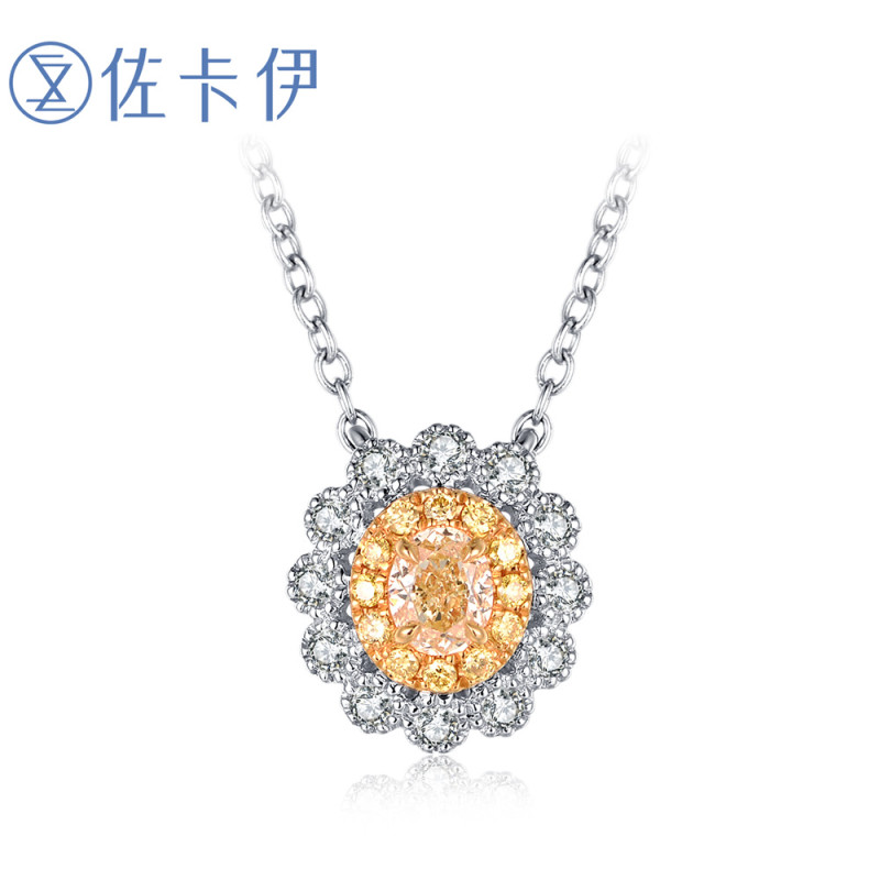 佐卡伊zocai 18k彩金750椭圆形黄钻项链群镶钻石吊坠女士项坠专柜正品定制