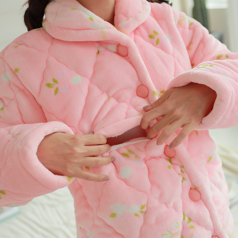 锦序韩版冬款小清新加厚三层月子服女士套装可哺乳睡衣2800棉贝贝绒 XL 1806#绿色