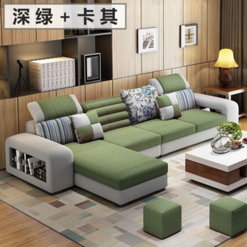 布艺沙发客厅整装科技免洗布小户型家具现代简约经济型三防布沙发_938_572 三位+脚踏[海绵版]送茶几_深绿+卡其
