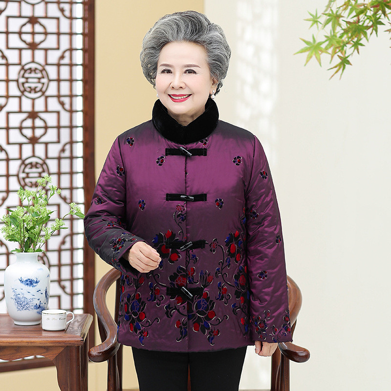 老年人衣服冬季棉衣奶奶装加绒棉服70岁妈妈装立领保暖羽绒棉服批 XXXL 玫红