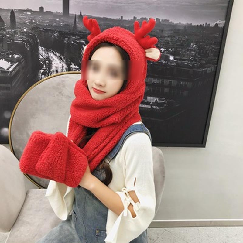 韩版帽子加厚外出双层帽围巾手套一体三件套卡通儿童帽子鹿角亲子帽子婴童配饰帽子 均码（加厚） 成人鹿角-大红色