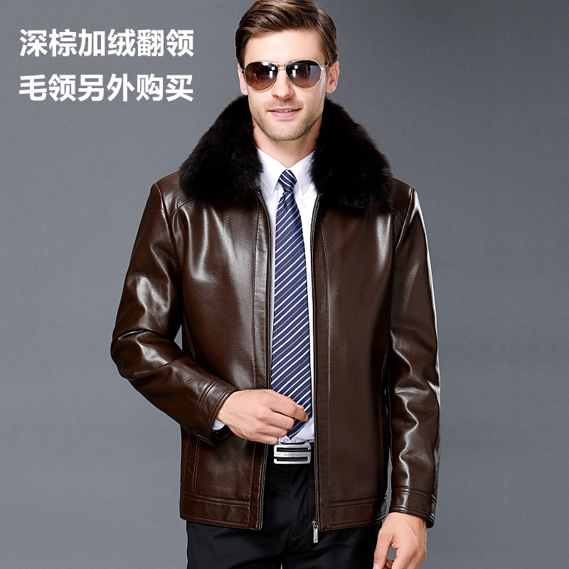 海宁真皮皮衣男山羊皮正品新款翻领皮夹克修身商务休闲头层绵羊皮秋季新款西装款真皮皮衣修身西服外套皮夹克薄 1655翻领深棕加绒 175/L