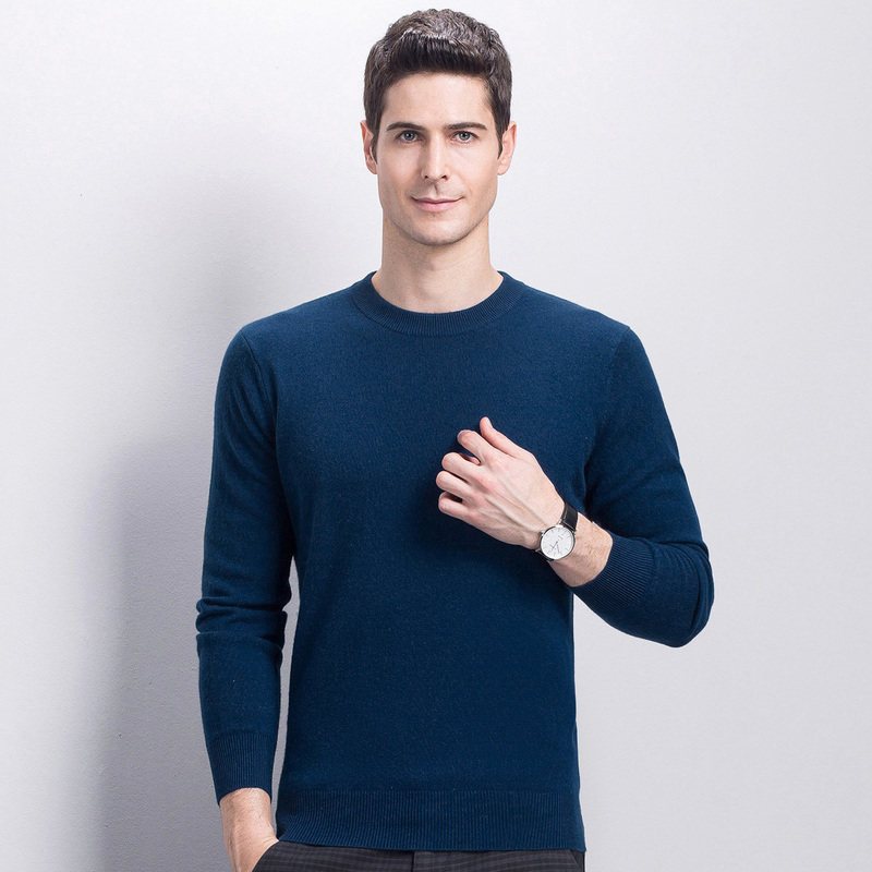 YS恒源祥羊绒衫男圆领秋冬新款纯山羊绒保暖针织衫套头毛衣爸爸装_9 170/88A YAR143500深海兰