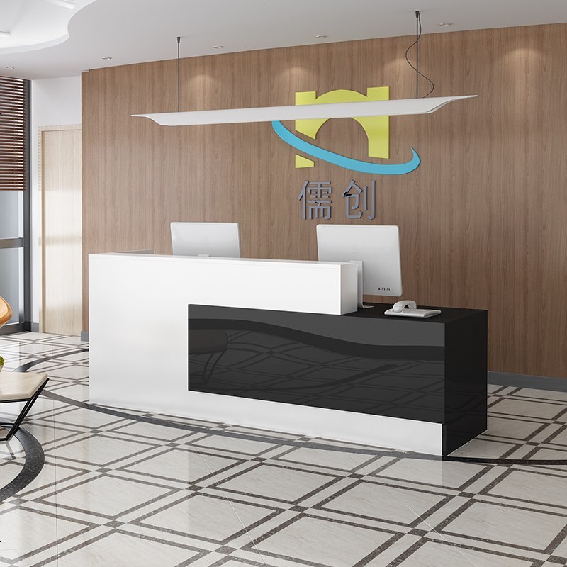 简约前台接待台培训吧台咨询台公司烤漆前台桌定制转角柜台收银台_240_858 白色+黑色右高_人在里右高左低_320x60x100cm