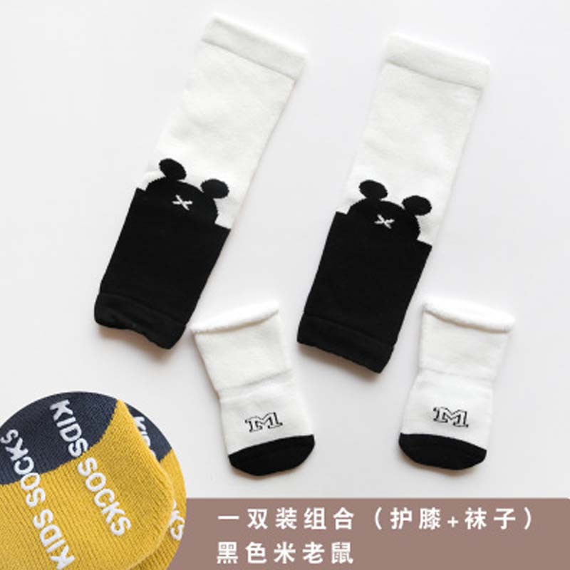 宝宝护膝袜子婴儿加厚毛圈过膝中高筒儿童爬行袜加长袜套简约清新婴童袜子可爱袜子 【S】建议6-12个月 黑色米Q头
