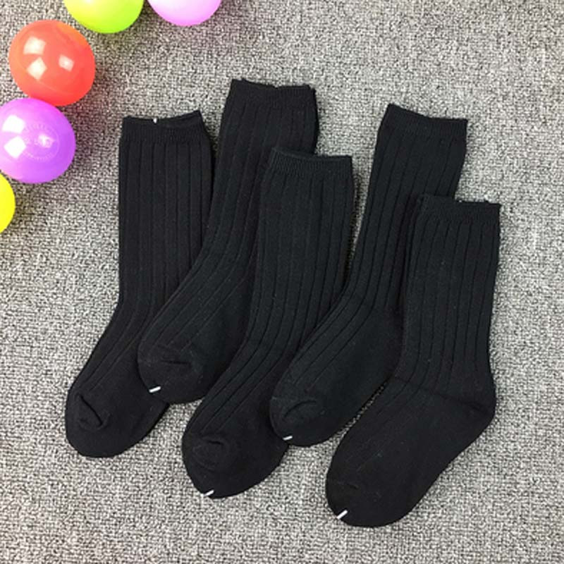 5双装 儿童袜子中筒袜男女童袜长筒堆堆袜秋冬学生运动袜通用简约婴童袜子 L/7-10岁17--20cm左右 5双黑色