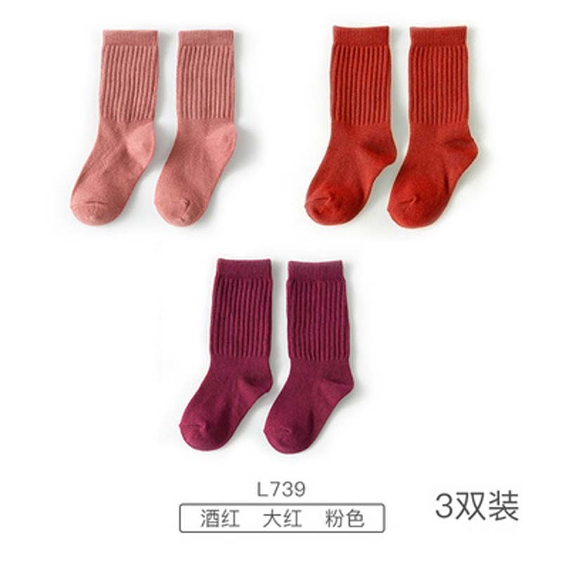 儿童袜子堆堆袜韩版简约小清新春秋冬款男童小孩女童中长筒宝宝袜婴童袜子 1-3（脚长约13-17cm） 739-粉色-大红-酒红