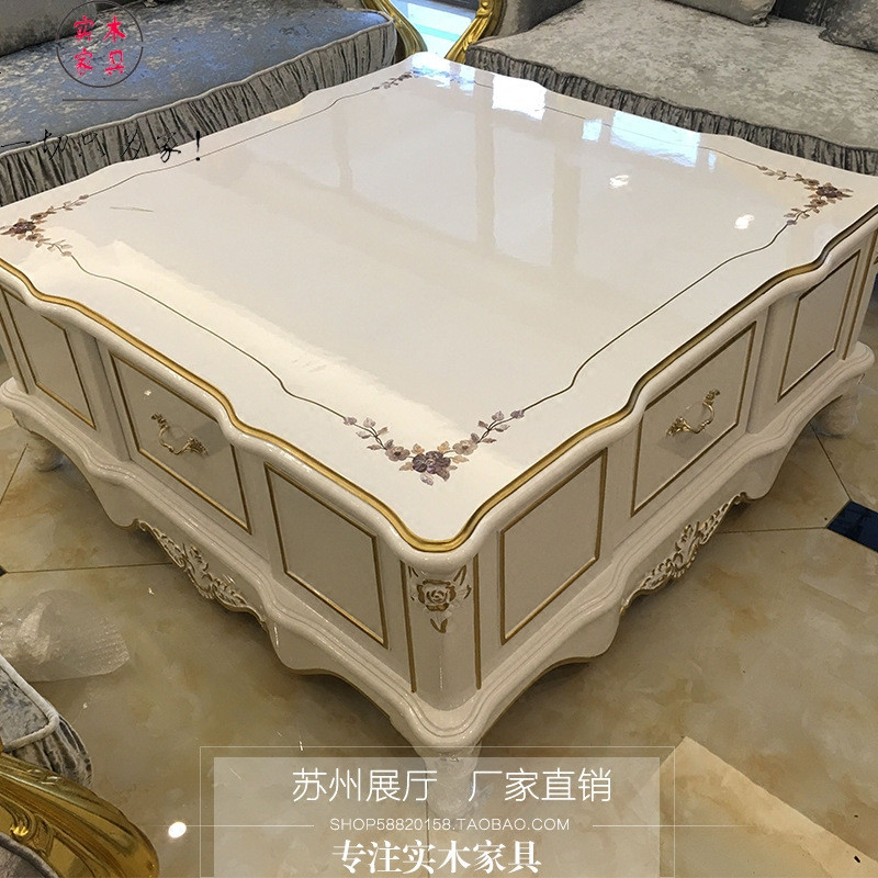 欧式茶几美式乡村功夫大茶几实木 茶台新古典带抽屉茶桌客厅家具 整装_白色