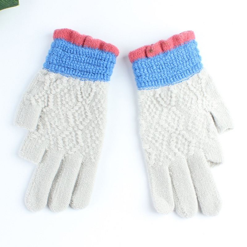 半指手套男女士保暖毛线漏二指学生写字工作骑行车露手指头秋冬季_2 浅灰色波浪二指