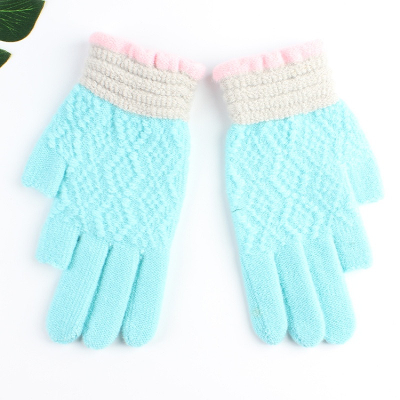 半指手套男女士保暖毛线漏二指学生写字工作骑行车露手指头秋冬季_2 浅蓝色波浪二指