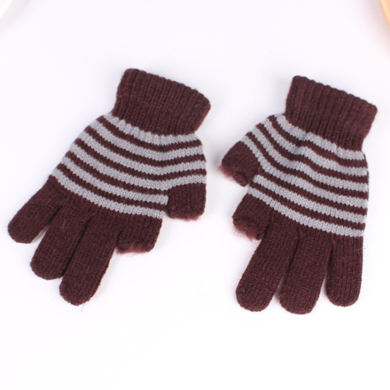 半指手套男女士保暖毛线漏二指学生写字工作骑行车露手指头秋冬季_2 深咖啡小学生款