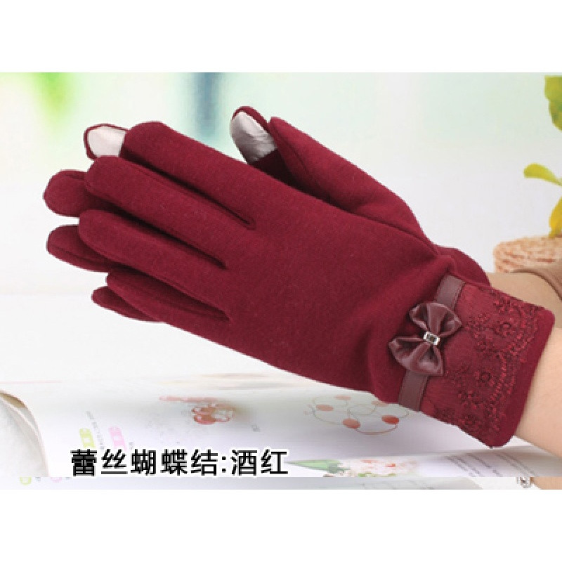 手套秋冬季女触屏加绒保暖显瘦骑开车分指蕾丝皮蝴蝶结手套_4 蕾丝酒红右手触屏