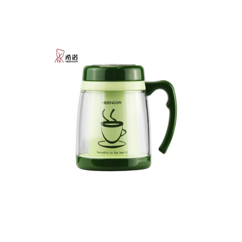 希诺双层办公杯情侣杯男女带手柄水杯隔热大肚杯 XN-8520灰绿咖啡325ML三色可选 绿色
