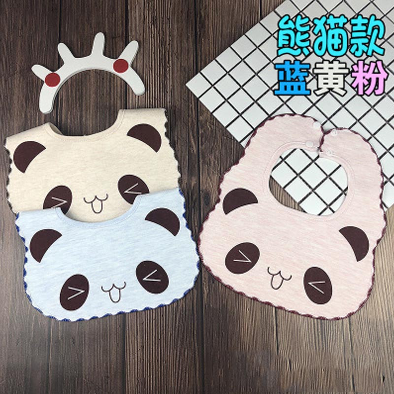 3条装 双面棉口水巾宝宝围嘴新生婴儿围脖可爱卡通按扣吃饭围兜 婴童围嘴/口水巾 围嘴 蓝黄粉熊猫（三条装）
