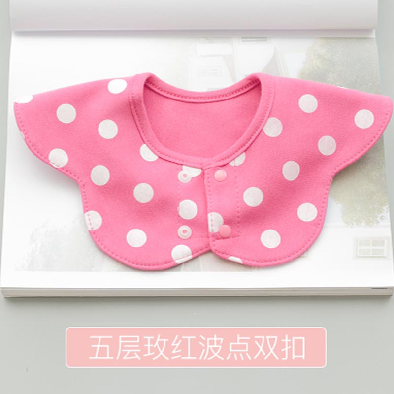 新生婴儿围嘴360度可旋转暗扣宝宝棉口水巾圆形防水围兜甜美小清新四季通用围嘴/口水巾 婴童围嘴 五层玫红波点#双扣